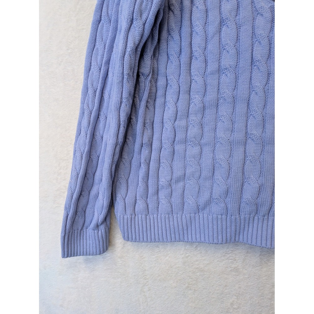 Lands End Women's Size L Blue V-Neck Varsity Stripe Sweater Cotton Cable Knit‎ - Picture 2 of 8